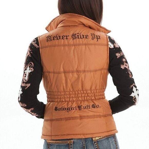 COWGIRL TUFF Co. PUFFER VEST SIP BUTTON DOWN GOLD/BLACK EMBROIDERED SZ S COUNTRY - Picture 4 of 16